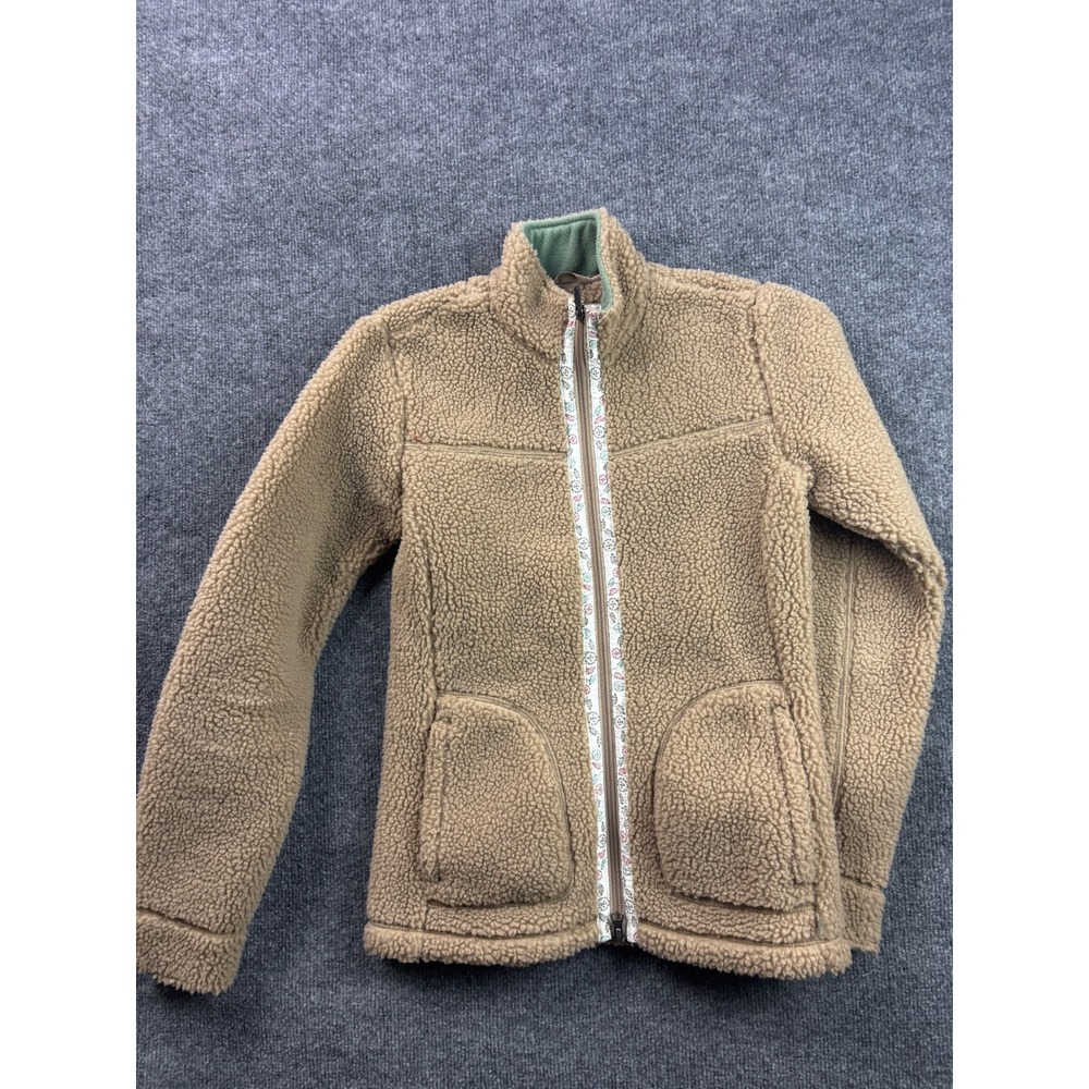Horny‎ Toad Fleece Jacket Womens XS Tan Sherpa Full Zip Floral Trim Mock Neck